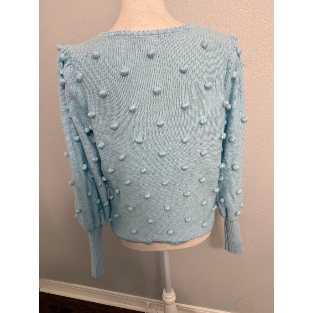 Lilly Pulitzer Blue Pom Pom Bobble Knit Sweater Puff Sleeve Scallop Neck‎ Medium - Picture 4 of 6